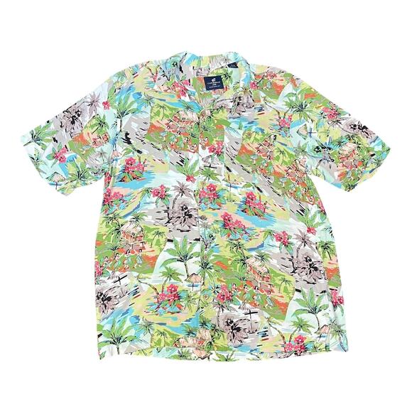 Caribbean Joe Hawaiian Shirt Large Rayon Palm Trees Huts Luau Tropical - Picture 4 of 8